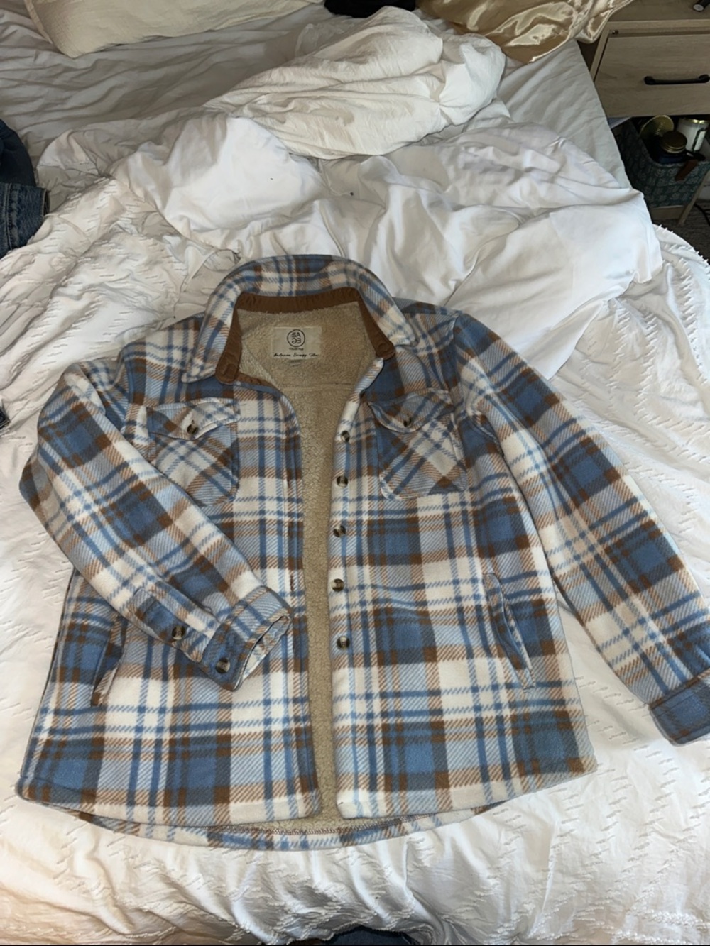 Plaid Button-Up Shacket in Blue, Brown & Cream